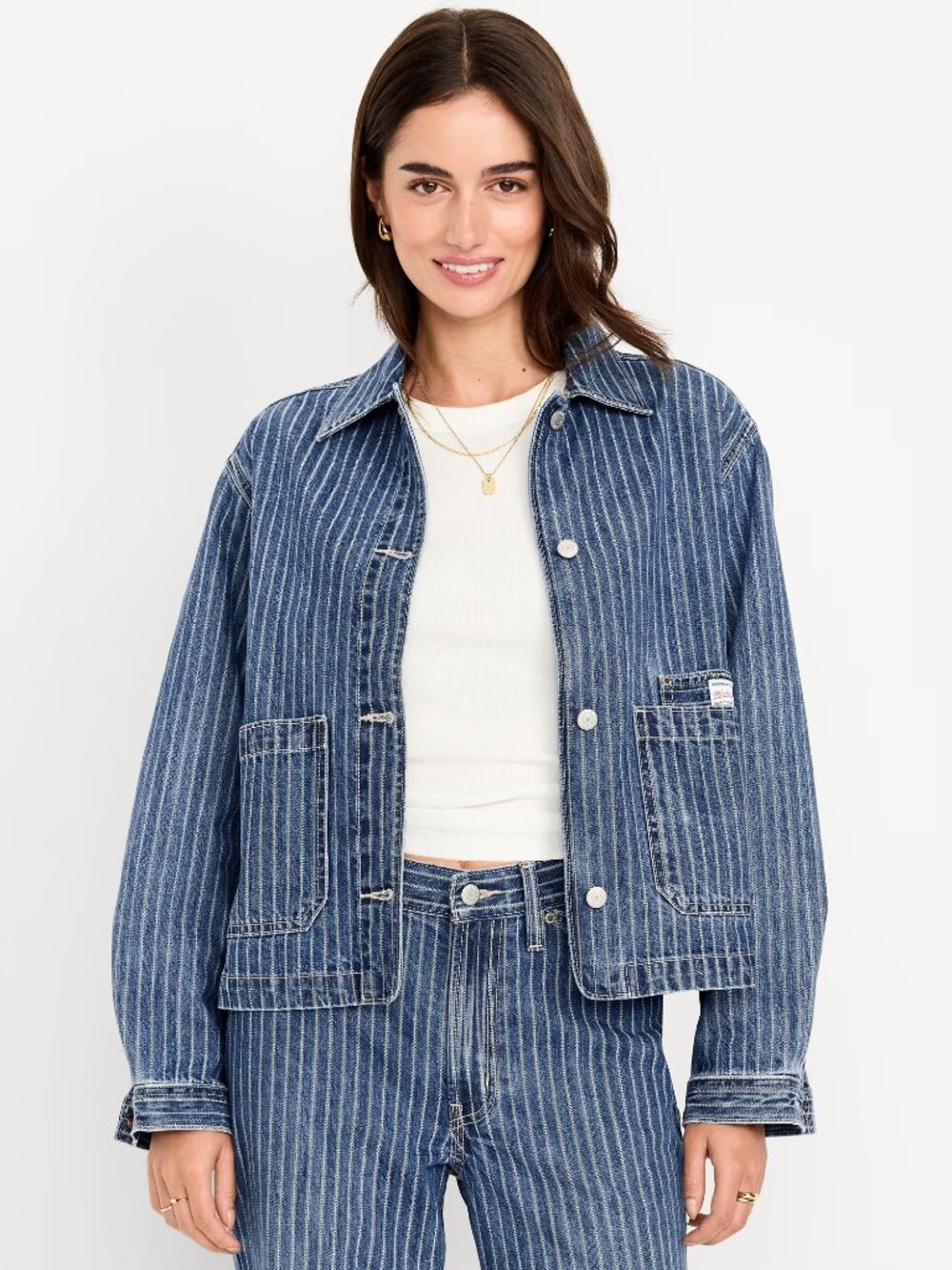 Old Navy NWT Cropped Jean Chore Denim Jacket in Sirius/Pinstripe
